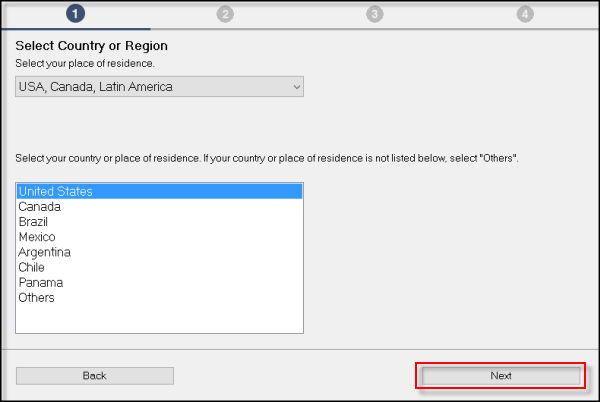 Select Country and Region screen with drop  down menu to make selections